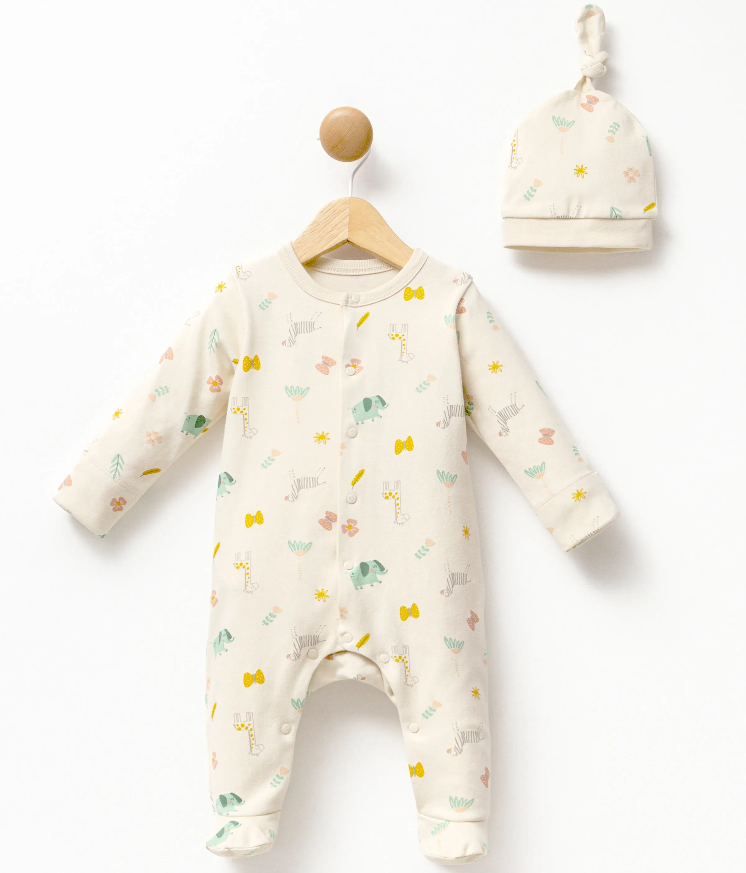 Cream Animal Print Babygrow & Hat