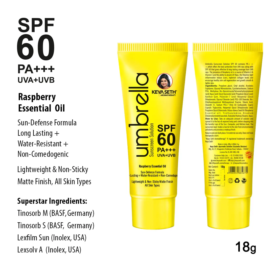 Umbrella Sunscreen Solution SPF 60, Broad Spectrum Protection, No White Cast, Lightweight Matte Finish with Raspberry Oil