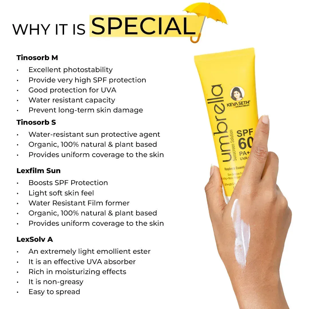 Umbrella Sunscreen Solution SPF 60, Broad Spectrum Protection, No White Cast, Lightweight Matte Finish with Raspberry Oil