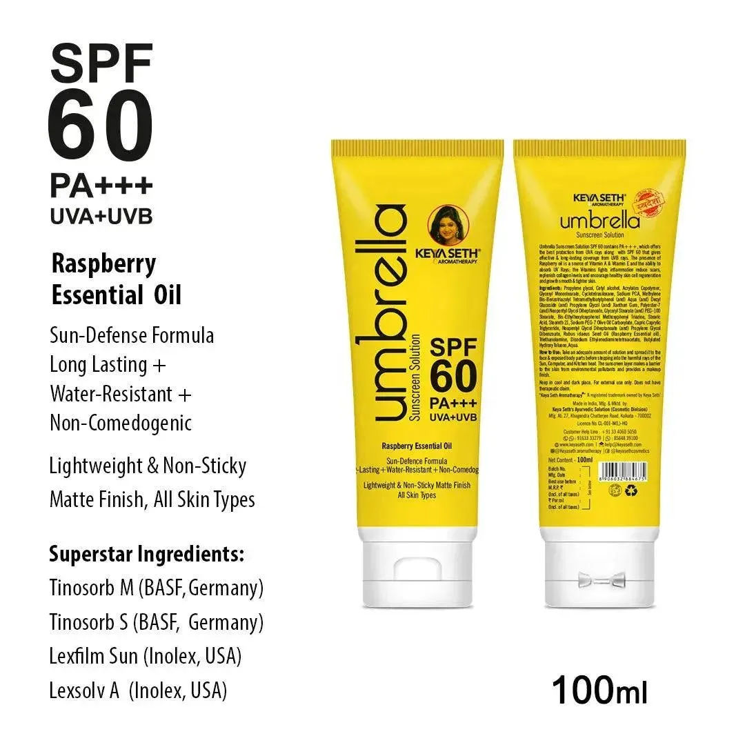 Umbrella Sunscreen Solution SPF 60, Broad Spectrum Protection, No White Cast, Lightweight Matte Finish with Raspberry Oil